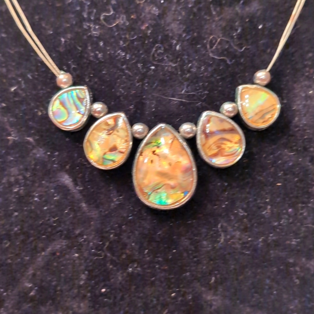 Silver Toned Statement Necklace With Australian Opalesque Tear Beaded Focus